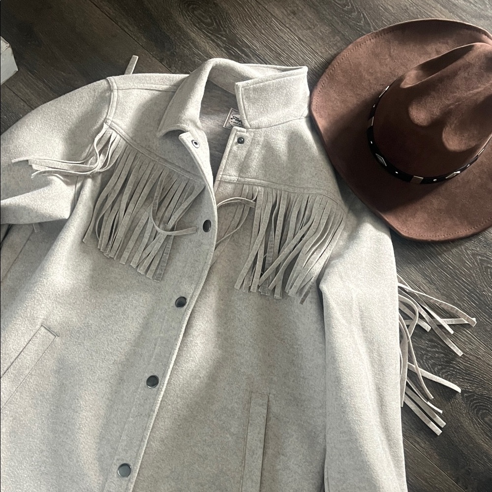 Fringe Detail Light Gray Women's button down jacket
